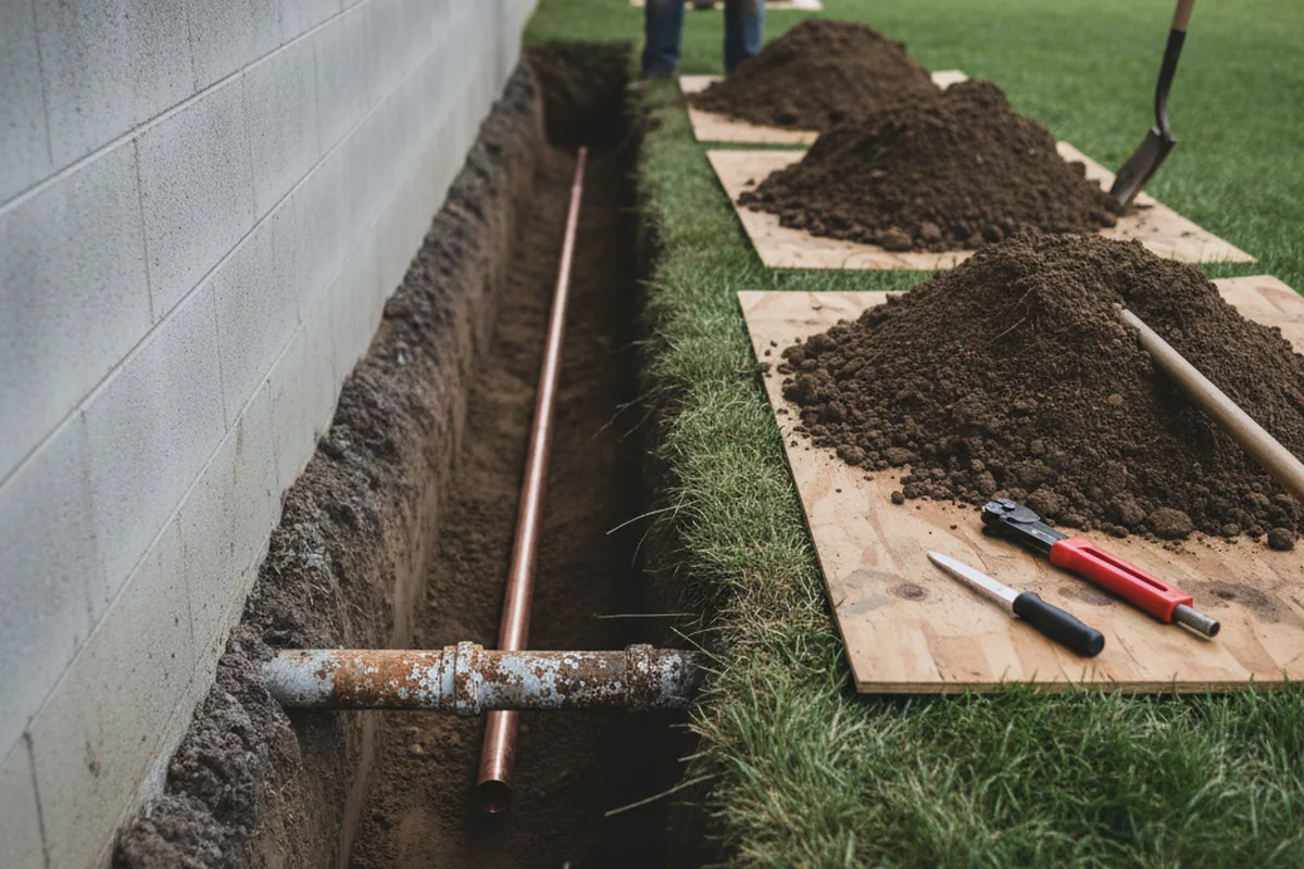 Excavated water line trench during Sewer Line Repair in Belmont